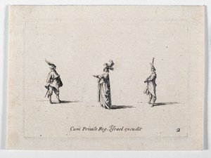 Dama w kapeluszu z pióropuszem i dwóch kawalerzystów z ... (rycina) autorstwa Jacques Callot