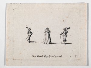 Dama w bogato plisowanej sukni, widziana od tyłu, i dwóch kawalerzystów, z Les Fantaisies de Noble J. Callot ... (rycina) autorstwa Jacques Callot