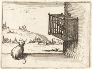 Kot obserwujący ptaka w klatce autorstwa Jacques Callot