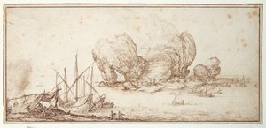 Fantastyczne skały, ufortyfikowane. Wysyłka. Mariners biwakują na widok swojego statku (Le Grand Rocher) (pióro i atrament na papierze) autorstwa Jacques Callot
