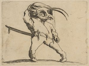 Zamaskowany mężczyzna z krzywymi nogami, z Varie Figure ..., 1616-22. autorstwa Jacques Callot