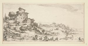 La chasse au cerf (Polowanie na jelenie w pobliżu dworu), z Pejzaży dla Giovanniego de Medici autorstwa Jacques Callot