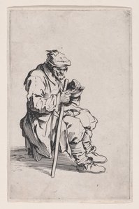 Siedzący i jedzący żebrak, z cyklu „Les Gueux, suite appelée aussi Les Mendiants, Les Baroni, ou Les Barons” autorstwa Jacques Callot