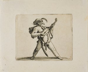 Zamaskowany komik grający na gitarze, z Varie Figure Gobbi autorstwa Jacques Callot