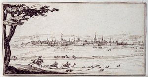 Nancy w oddali: błotniaki ścigające zająca (pióro i brązowy atrament na papierze) autorstwa Jacques Callot