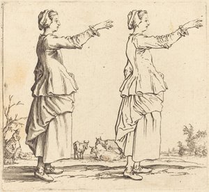 Chłopka z profilu, zwrócona w prawo, z wyciągniętym ramieniem, 1617 i 1621. autorstwa Jacques Callot