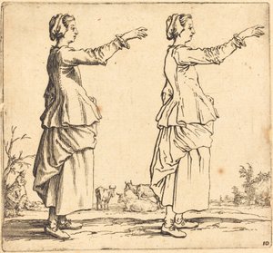 Chłopka z profilu, zwrócona w prawo, z wyciągniętym ramieniem, 1617 i 1621. autorstwa Jacques Callot