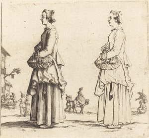 Chłopka z koszem, z profilu, zwrócona w lewo, 1617 i 1621. autorstwa Jacques Callot