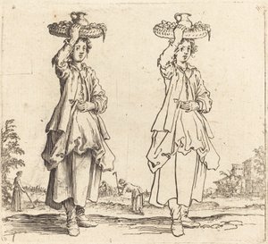 Chłopka z koszem na głowie, widok z przodu, 1617 i 1621. autorstwa Jacques Callot