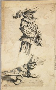 Żołnierz w kapeluszu z piórami, z La Noblesse de Lorraine (verso), ok. 1620-23 autorstwa Jacques Callot