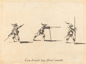 Zajęcie pozycji strzeleckiej z muszkietu autorstwa Jacques Callot