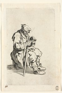 Żebracy: żebrak siada i je, c. 1623. autorstwa Jacques Callot
