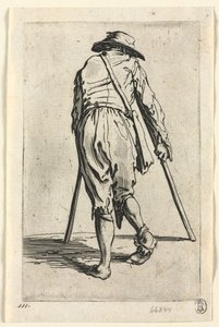 Żebracy: żebrak o kulach, w kapeluszu, c. 1623. autorstwa Jacques Callot