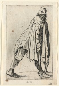 Żebracy: żebrak o kulach, w czapce, c. 1623. autorstwa Jacques Callot