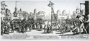 Израилийн Хенриет (1590-1661 он) 1633 онд сийлсэн "Дайны зовлон ба золгүй явдал" номын 10-р хавтан Страппадо autorstwa Jacques Callot