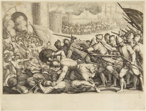 Żołnierze szturmujący bramę miasta autorstwa Jacques Callot