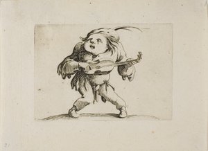 Chwiejny mężczyzna grający na gitarze, z Varie Figure Gobbi autorstwa Jacques Callot