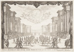 Trzecie Intermezzo, Bitwa zostaje zatrzymana przez przybycie miłości ze swoim orszakiem autorstwa Jacques Callot