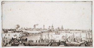 Widok na port La Rochelle z galeonami wystrzeliwującymi salut (pióro i brązowy atrament na papierze) autorstwa Jacques Callot