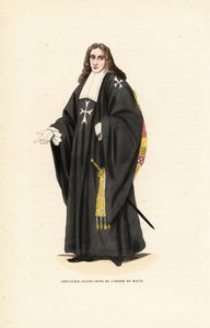 Wielki Krzyż Rycerzy Szpitalnych, Zakon Maltański, Zakon Rycerzy Szpitala św. Jana Jerozolimskiego, Kawaler Grand-Croix de l’Ordre de Malte. Ręcznie barwiony drzeworyt rycerski według ilustracji Jacques Charles Bar z Abbot Tiron’s autorstwa Jacques Charles Bar