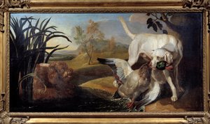 Pies Braque trzymający krzyżówkę w ustach Malarstwo Jacques Charles Oudry (1720-1778) Paryż XVIII w., Sztuka dekoracyjna autorstwa Jacques Charles Oudry
