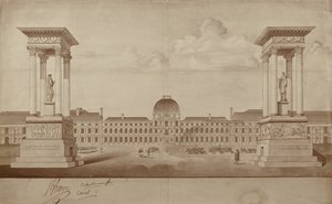 Plan pomników upamiętniających 14 lipca i 10 sierpnia na Place du Carrousel (pióro i atrament na papierze) autorstwa Jacques Delannoy
