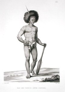 Papua: Ofiara trądu, z „Voyage Autour du Monde (1817-20)”, Louis Claude Desaulses de Freycinet (1779-1842) ryty przez Forget, opublikowana 1822-24 (lito)