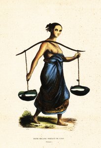 Młoda malajska kobieta niosąca kije z wodą na jarzmie