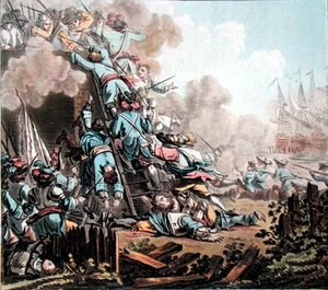 Zdobycie fortu San Salvador na Sycylii (1674), grawerowane przez Jean Baptiste Morret (fl.1790-1820)