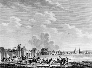 Rewolucja francuska: Deroute de Passy (Pacy sur Eure lub Pacy-sur-Eure) 13 lipca 1793. Grawerowanie wykonane przez Berthauta według Swebacha. Paryż, Biblioteka Instytutu Historii Rewolucji autorstwa Jacques Francois Joseph Swebach