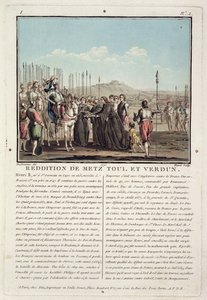 Henryk II (1519-59) otrzymuje klucze do Metz, Toul i Verdun (1552), rycina Jeana Baptiste