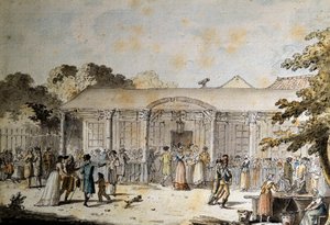 Widok na Cafe Goddet (lub Godet), Boulevard du Temple, w czasach konsulatu autorstwa Jacques Francois Joseph Swebach