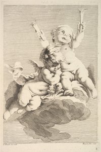Dwa amorki, jedna trzymająca pochodnie, połowa do końca XVIII wieku. autorstwa Jacques Gabriel Huquier