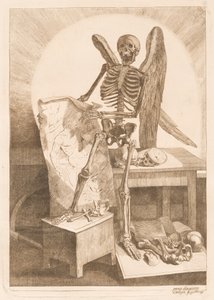 Skrzydlaty szkielet trzymający anatomiczny rysunek