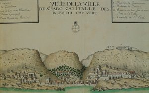 Miasto Saint Jago (Santiago) na Wyspach Zielonego Przylądka, akwarela z dziennika pokładowego prowadzonego przez Jacquesa Gouina de Beauchesne, kapitana statku na morzach południowych w latach 1698-1701.