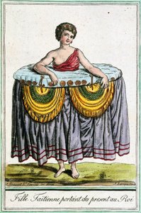 Młoda kobieta ofiarowuje prezenty królowi Tahiti, Society Islands, rycina z Encyklopedii podróży, Jacques Grasset de Saint-Sauveur (1757-1810) autorstwa Jacques Grasset de Saint Sauveur