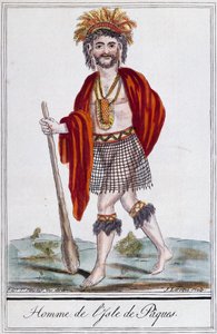 Pochodzący z Wyspy Wielkanocnej, kolorowy grawer autorstwa Laroque, Polinezja autorstwa Jacques Grasset de Saint-Sauveur