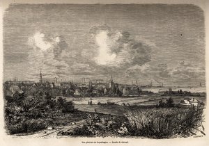 Widok ogólny Kopenhagi, rys. Jacques Guiaud (1810-1876), ilustrujący podróż J.M.Dargauda do Danii (1800-1860), w 1860 r. Rycina w „Le tour du monde” pod redakcją Edouarda Chartona