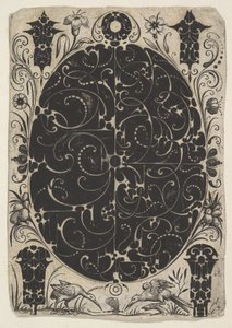 Koperta owalna ozdobiona Schweifwerkiem w dwóch wariantach, otoczona mniejszymi motywami..., ca. 1614-19.