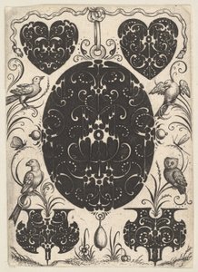 Wisiorek owalny ozdobiony Schweifwerk, otoczony mniejszymi motywami i czterema ptakami, ca. 1614-19.