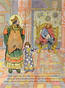 Król Dagobert I (ok. 603-39) zakładający spodnie na odwrót, ilustracja z "France, Son Histoire" G. Montorgueil, ok. 1910 r.