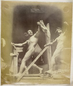Studium nagiego modela męskiego na rusztowaniu, widzianego z boku i obok gipsowego modela w tej samej pozie, w pracowni Jacques de Lalaing autorstwa Jacques Lalaing (attributed to)