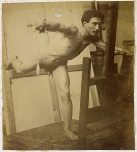 Studium męskiego nagiego modela, pochylonego do przodu z prawą nogą do tyłu, w studio Jacques de Lalaing autorstwa Jacques Lalaing (attributed to)