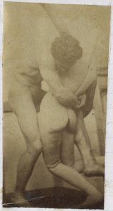 Studium nagiego modela, stojącego i zmagającego się z manekinem, w pracowni Jacques de Lalaing, ewentualnie wstępne studium do obrazu Zapaśnicy autorstwa Jacques Lalaing (attributed to)
