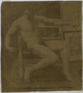 Studium nagiego modela siedzącego na stopniu, widzianego z przodu z liną i kokardą na kolanach, w pracowni Jacques de Lalaing autorstwa Jacques Lalaing (attributed to)