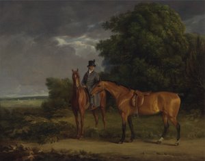 Pan młody dosiadający kasztanowca, trzyma za lejcami Bay Huntera (olej na płótnie) autorstwa Jacques Laurent Agasse