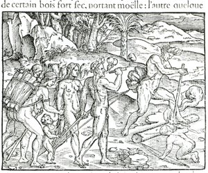 Tubylcy indiańscy rozpalający ogień po polowaniu, rycina Theodora de Bry (1525-75) autorstwa Jacques Le Moyne