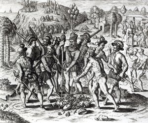 Hiszpanie otrzymujący prezenty od Indian, z „Historii”, 1598, sztychowany przez Theodora de Bry (1528-98) autorstwa Jacques Le Moyne