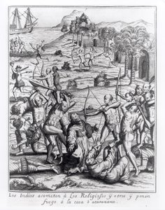 Indianie atakujący księży i innych i podpalający ich domy, rycina z „Americae”, napisana i rytowana przez Theodora de Bry (1528-98) autorstwa Jacques Le Moyne