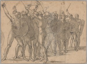 Nadzy żołnierze gestykulujący bronią (recto); Dwa studia draperii dla postaci Tatius (verso) autorstwa Jacques Louis David